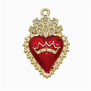 Copper Heart Pendant Pave Zirconia Red Painted Crown Gold Plated, approx 16-23mm