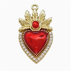 Copper Heart Pendant Pave Zirconia Red Painted Gold Plated, approx 15-25mm