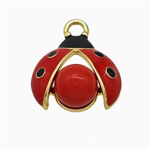 Copper Ladybug Pendant Pave Pearlized Resin Red Enamel Gold Plated, approx 16-17mm