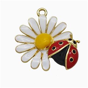Copper Ladybug Flower Pendant White Red Enamel Gold Plated, approx 22mm