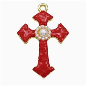 Copper Cross Pendant Pave Pearlized Resin Red Enamel Gold Plated, approx 30-40mm