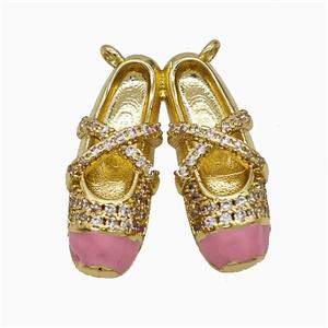 Copper Shoes Pendant Pave Zirconia Pink Enamel Gold Plated, approx 16-20mm