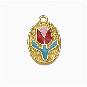 Copper Tulip Pendant Multicolor Enamel Flower Oval Gold Plated, approx 10-15mm
