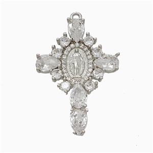 Copper Cross Pendant Pave Crystal Glass Virgin Mary Platinum Plated, approx 20-28mm