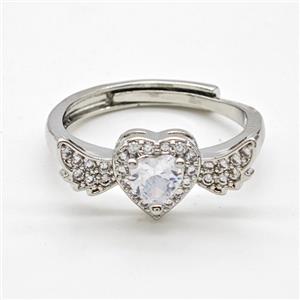 Copper Rings Pave Clear Crystal Glass Heart Angel Wings Adjustable Platinum Plated, approx 8-20mm, 18mm dia
