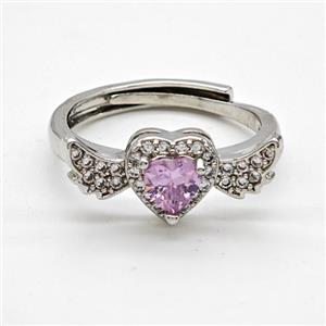 Copper Rings Pave Pink Crystal Glass Heart Angel Wings Adjustable Platinum Plated, approx 8-20mm, 18mm dia