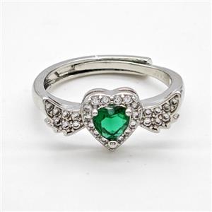 Copper Rings Pave Green Crystal Glass Heart Angel Wings Adjustable Platinum Plated, approx 8-20mm, 18mm dia
