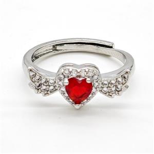Copper Rings Pave Red Crystal Glass Heart Angel Wings Adjustable Platinum Plated, approx 8-20mm, 18mm dia