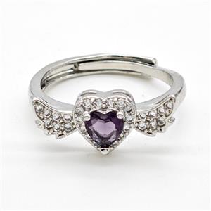 Copper Rings Pave Purple Crystal Glass Heart Angel Wings Adjustable Platinum Plated, approx 8-20mm, 18mm dia