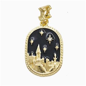 Halloween Castle Charms Copper Pendant Black Enamel Gold Plated, approx 16-22mm, 4-6mm