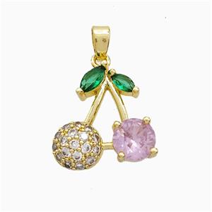 Copper Cherry Pendant Pave Zirconia Pink Crystal Glass Gold Plated, approx 16-18mm