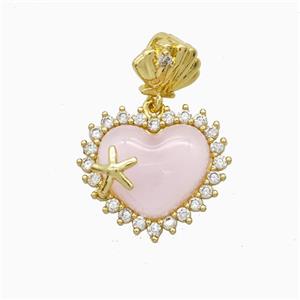 Copper Heart Pendant Pave Zirconia Pink Resin Gold Plated, approx 15mm, 8mm