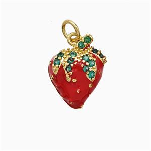 Copper Strawberry Pendant Pave Zirconia Red Enamel Gold Plated, approx 12-15mm