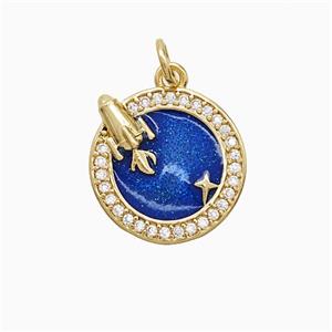 Copper Earth Pendant Pave Zirconia Blue Painted Rocket Gold Plated, approx 15mm