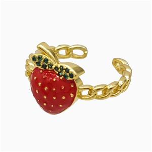 Copper Strawberry Rings Pave Zirconia Red Enamel Gold Plated, approx 10-13mm, 18mm dia
