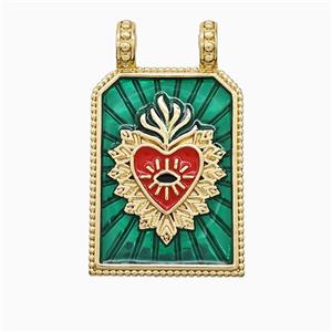 Copper Heart Pendant Green Painted Rectangle 2loops Gold Plated, approx 18-30mm