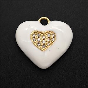 Copper Heart Pendant Pave Zirconia White Enamel Gold Plated, approx 20mm