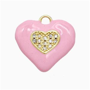 Copper Heart Pendant Pave Zirconia Pink Enamel Gold Plated, approx 20mm