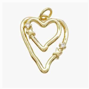 Copper Heart Pendant Pave Zirconia Double Gold Plated, approx 17-20mm