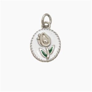 Copper Tulip Pendant White Enamel Flower Platinum Plated, approx 8-9mm