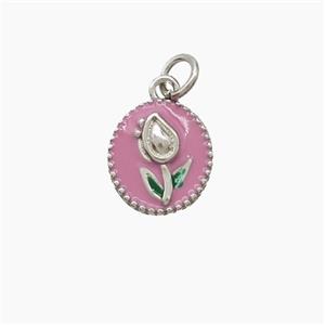 Copper Tulip Pendant Pink Enamel Flower Platinum Plated, approx 8-9mm