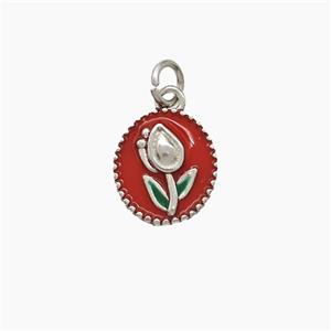 Copper Tulip Pendant Red Enamel Flower Platinum Plated, approx 8-9mm