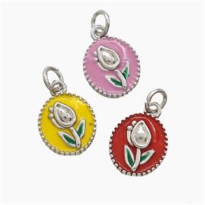 Copper Tulip Pendant Enamel Flower Platinum Plated Mixed, approx 8-9mm
