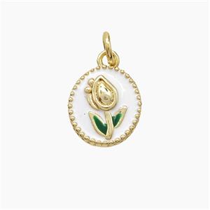 Copper Tulip Pendant White Enamel Flower Gold Plated, approx 8-9mm
