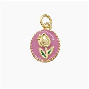 Copper Tulip Pendant Pink Enamel Flower Gold Plated, approx 8-9mm