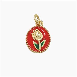 Copper Tulip Pendant Red Enamel Flower Gold Plated, approx 8-9mm