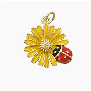 Copper Sunflower Pendant Yellow Enamel Ladybug Gold Plated, approx 16mm