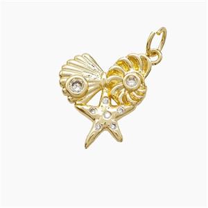 Copper Starfish Scallop Shell Pendant Pave Zirconia Gold Plated, approx 15mm
