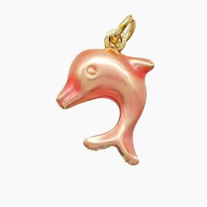 Copper Dolphin Pendant Pink Painted Gold Plated, approx 14-16mm