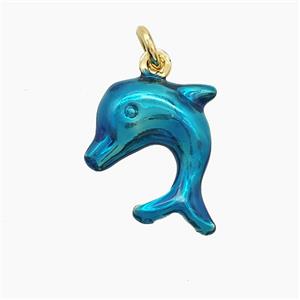 Copper Dolphin Pendant Blue Painted Gold Plated, approx 14-16mm
