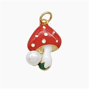 Copper Mushroom Pendant Red Enamel Gold Plated, approx 12-16mm