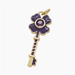Copper Key Pendant Pave Zirconia Purple Enamel Clover Gold Plated, approx 10-27mm
