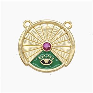 Copper Compass Disc Pendant Pave Zirconia Evil Eye Green Enamel 2loops Gold Plated, approx 20-21mm