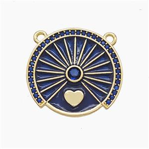 Copper Compass Disc Pendant Pave Zirconia Heart Blue Enamel 2loops Gold Plated, approx 20-21mm