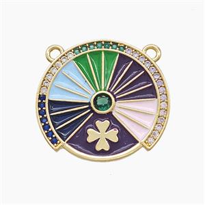 Copper Compass Disc Pendant Pave Zirconia Clover Multicolor Enamel 2loops Gold Plated, approx 20-21mm