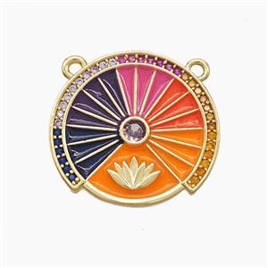 Copper Compass Disc Pendant Pave Zirconia Lotus Multicolor Enamel 2loops Gold Plated, approx 20-21mm