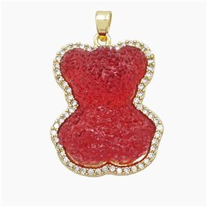 Red Resin Bear Copper Pendant Pave Zirconia Gold Plated, approx 22-26mm