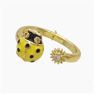 Copper Ladybug Rings Pave Zirconia Yellow Enamel Gold Plated, approx 5mm, 9-11mm, 18mm dia