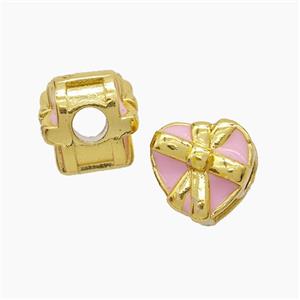 Copper Heart Beads Pink Enamel Large Hole Gold Plated, approx 13mm, 4mm hole