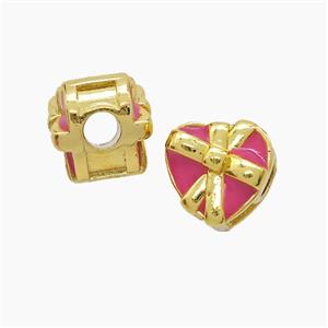 Copper Heart Beads DeepPink Enamel Large Hole Gold Plated, approx 13mm, 4mm hole