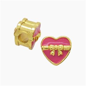 Copper Heart Beads Pink Enamel Large Hole Gold Plated, approx 13mm, 4mm hole