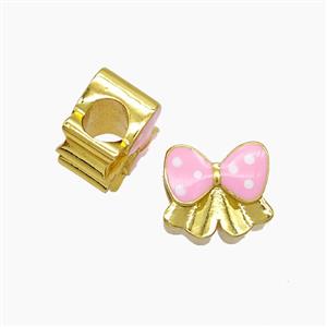 Copper Bowknot Beads Pink Enamel Large Hole Gold Plated, approx 10-11mm, 4mm hole