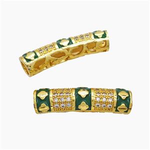 Copper Tube Beads Pave Zirconia Green Enamel Curving Large Hole Gold Plated, approx 8-30mm, 5mm hole