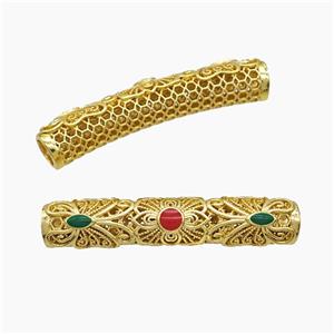 Copper Tube Beads Pave Jade Curving Large Hole Gold Plated, approx 7-38mm, 5mm hole