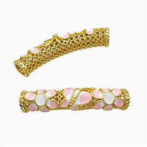 Copper Tube Beads Pink Enamel Flower Curving Large Hole Gold Plated, approx 7-38mm, 5mm hole