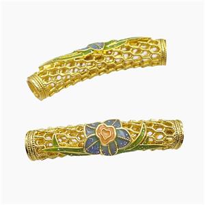 Copper Tube Beads Enamel Flower Curving Large Hole Gold Plated, approx 7-38mm, 5mm hole
